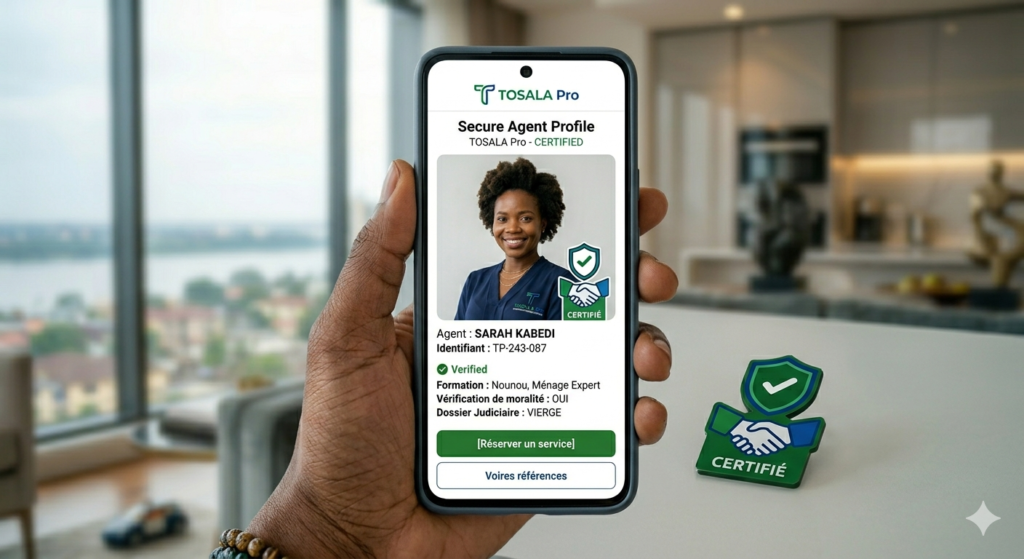 alt="Main tenant un smartphone affichant le profil vérifié d'un agent TOSALA Pro avec badge de certification."