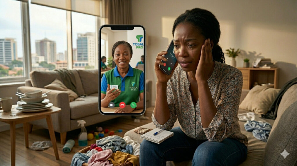 Femme stressée dans un salon en désordre avec son téléphone essayant de joindre son prestataire qui s'est absenté sans signalé