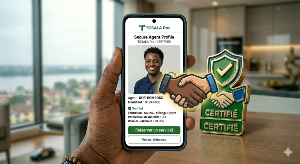 Main tenant un smartphone affichant le profil vérifié d'un agent TOSALA Pro avec badge de certification.