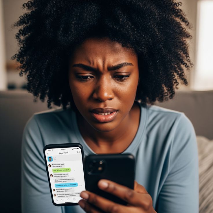Femme stressée dans un salon en désordre regardant son téléphone sans réponse
